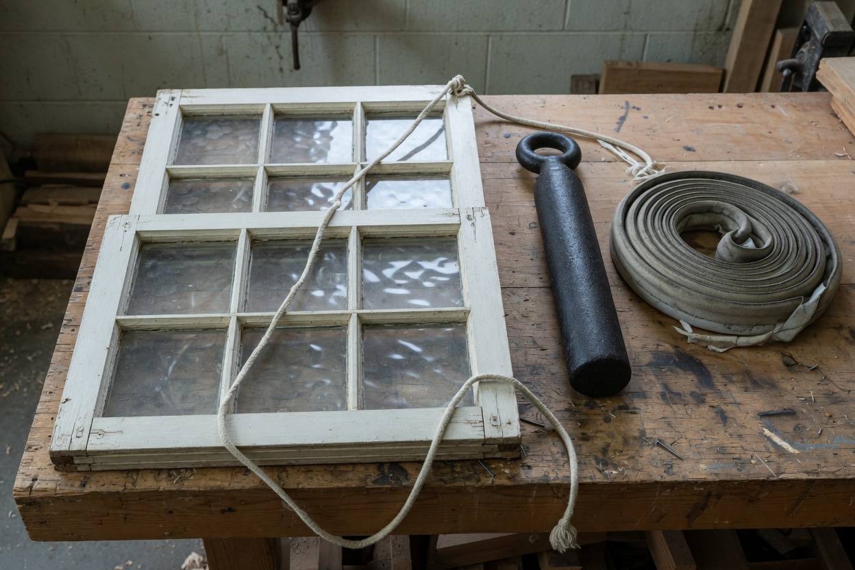 A wood sash on a bench with cotton cord, an iron weight, and weatherstrip.